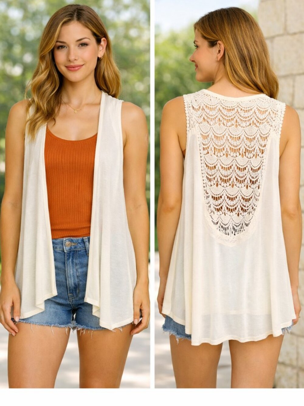 NY Collection Cream Lace Back Sleeveless Layering Tunic Cardigan Vest S/M